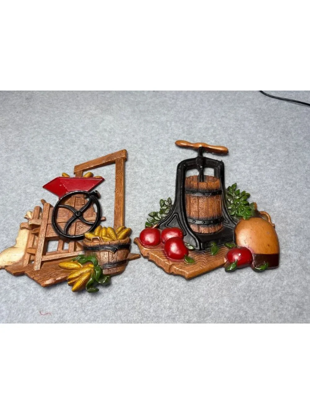 1978 HOMCO 3D Cast Metal Wall Hangings Set Corn Grinder Apple Cider Press Rustic